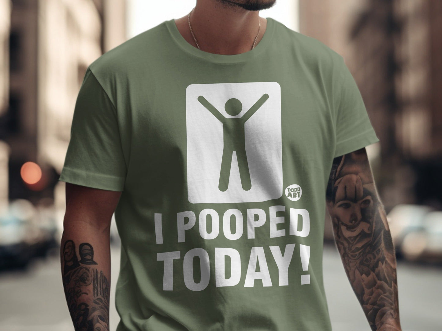 Green t-shirt with a stick figure and "I POOPED TODAY!" text.