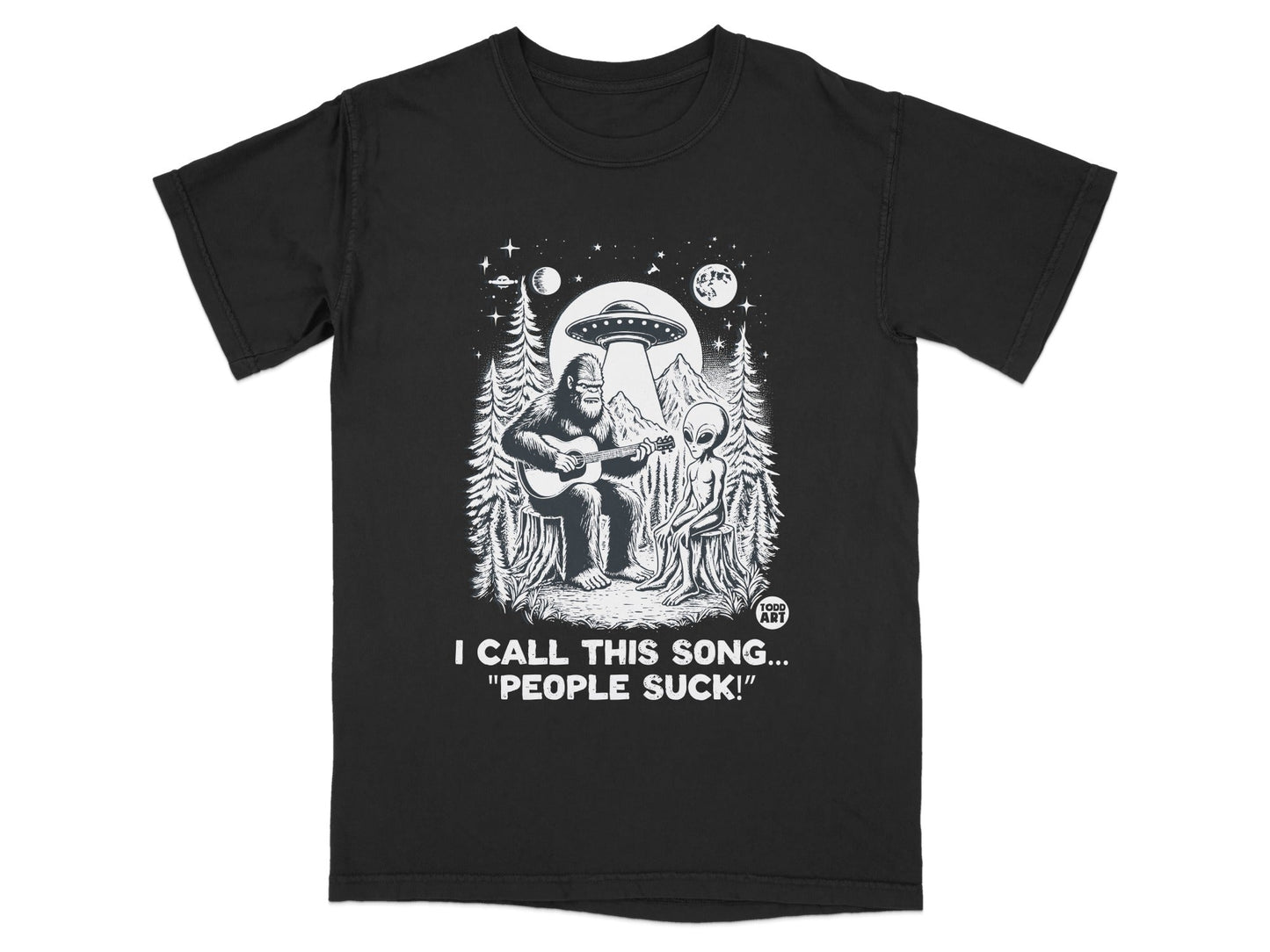 Bigfoot and Alien People Suck Funny Graphic T-Shirt