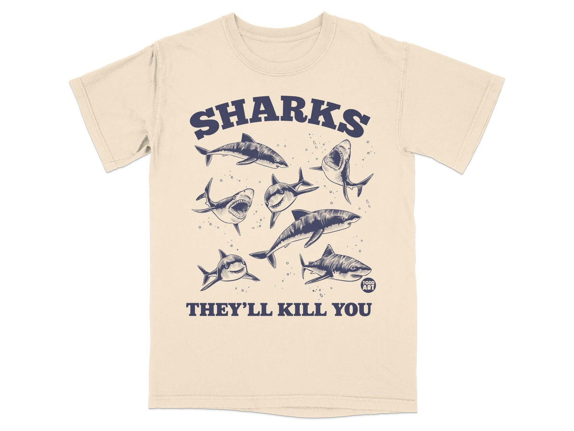 Seven cartoon sharks swim around text "SHARKS THEY'LL KILL YOU" and "FOOD ART".