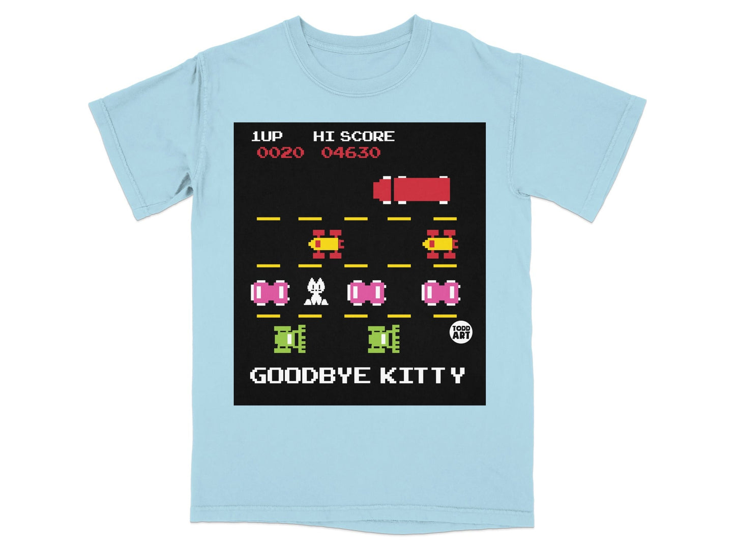 Retro Arcade Style Goodbye Kitty T-Shirt with High Score