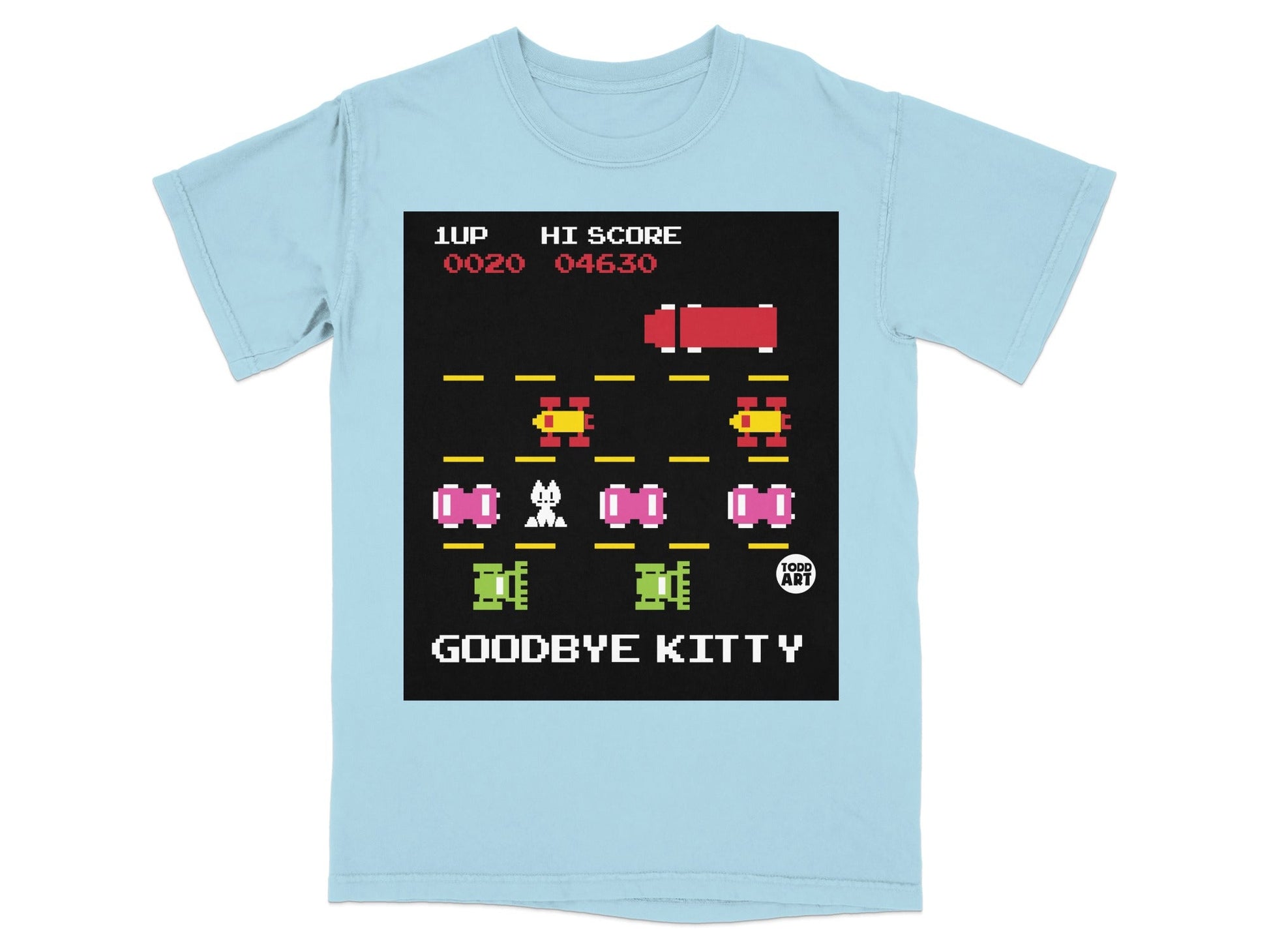 Retro Arcade Style Goodbye Kitty T-Shirt with High Score