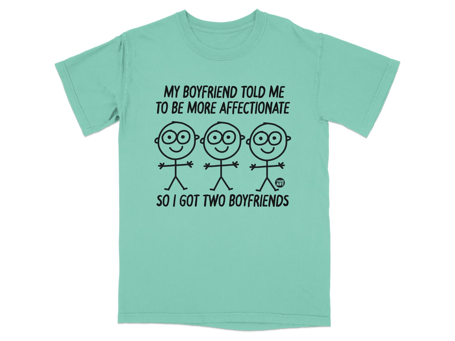 T-shirt with cartoon figures and text about getting two boyfriends.