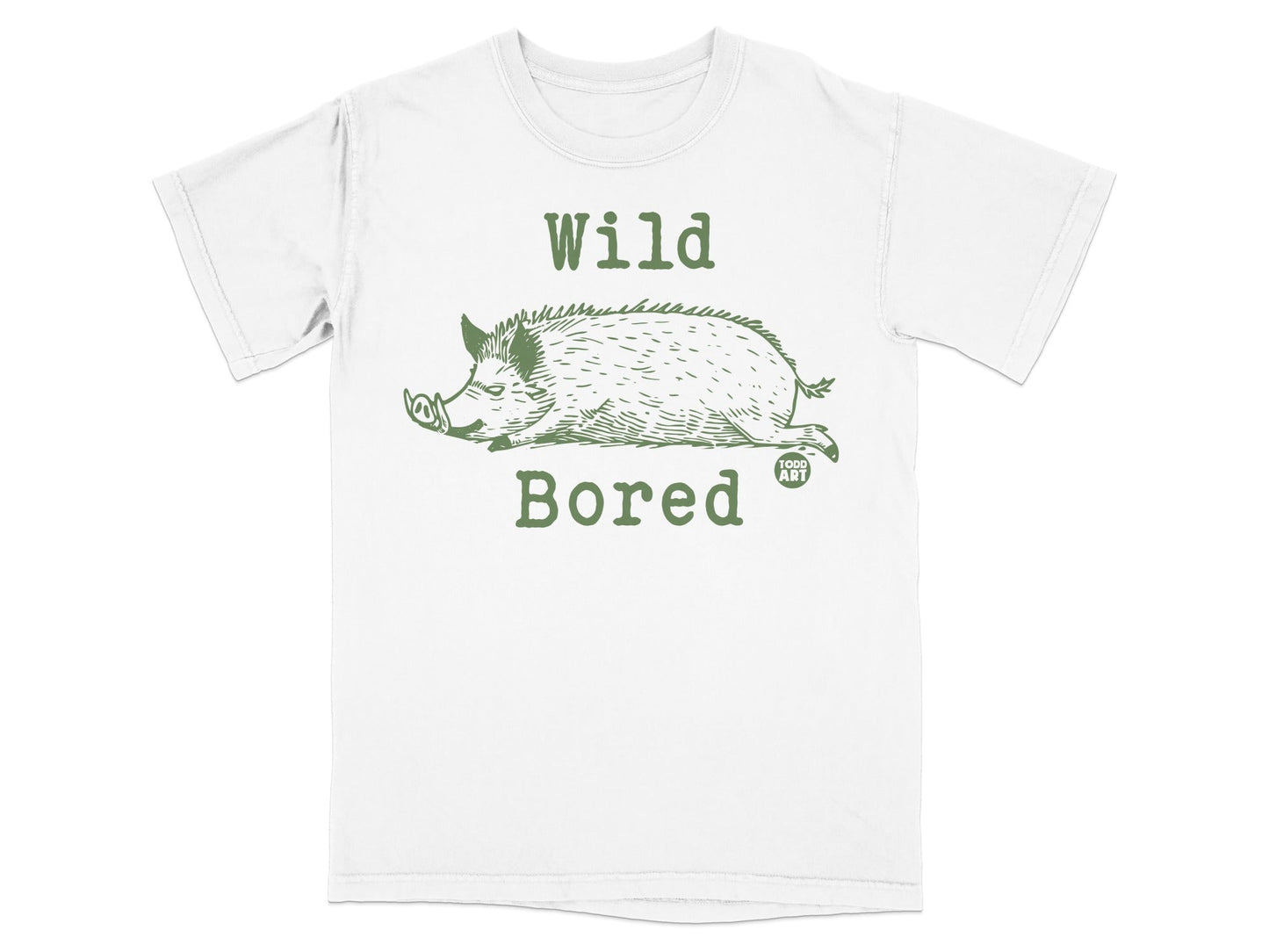 White t-shirt with a green illustration of a wild boar and "Wild Bored" text.