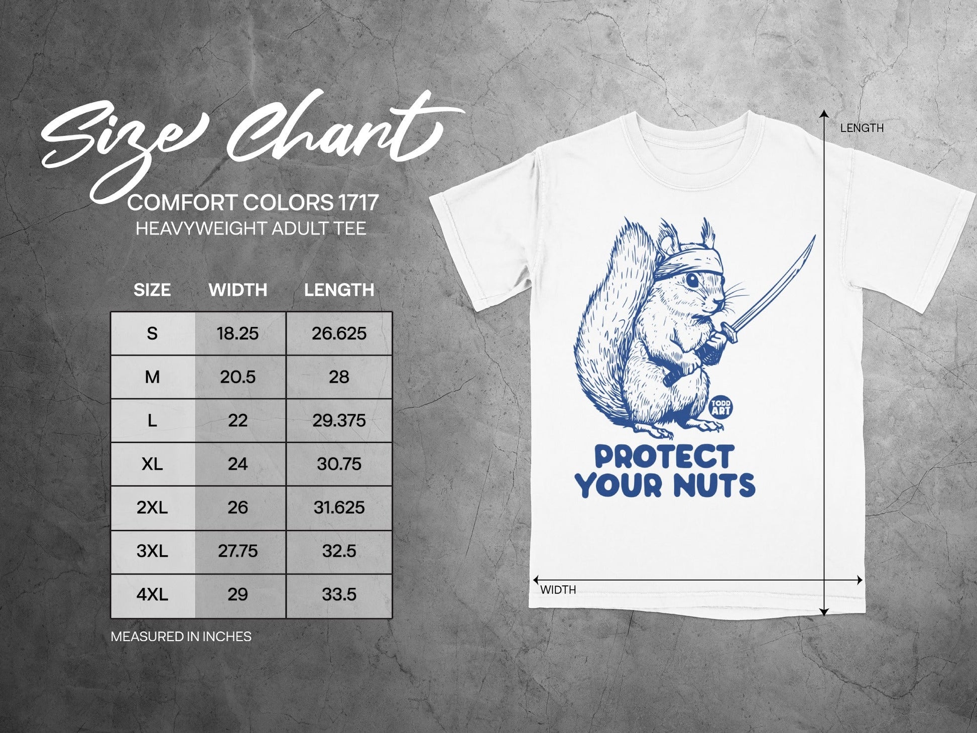 Size chart for a Comfort Colors 1717 heavyweight adult tee with squirrel graphic.