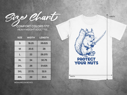 Size chart for a Comfort Colors 1717 heavyweight adult tee with squirrel graphic.