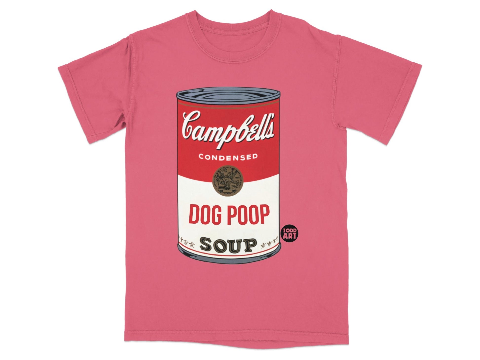 Red t-shirt featuring Campbell's Soup can parody with "Dog Poop" label.