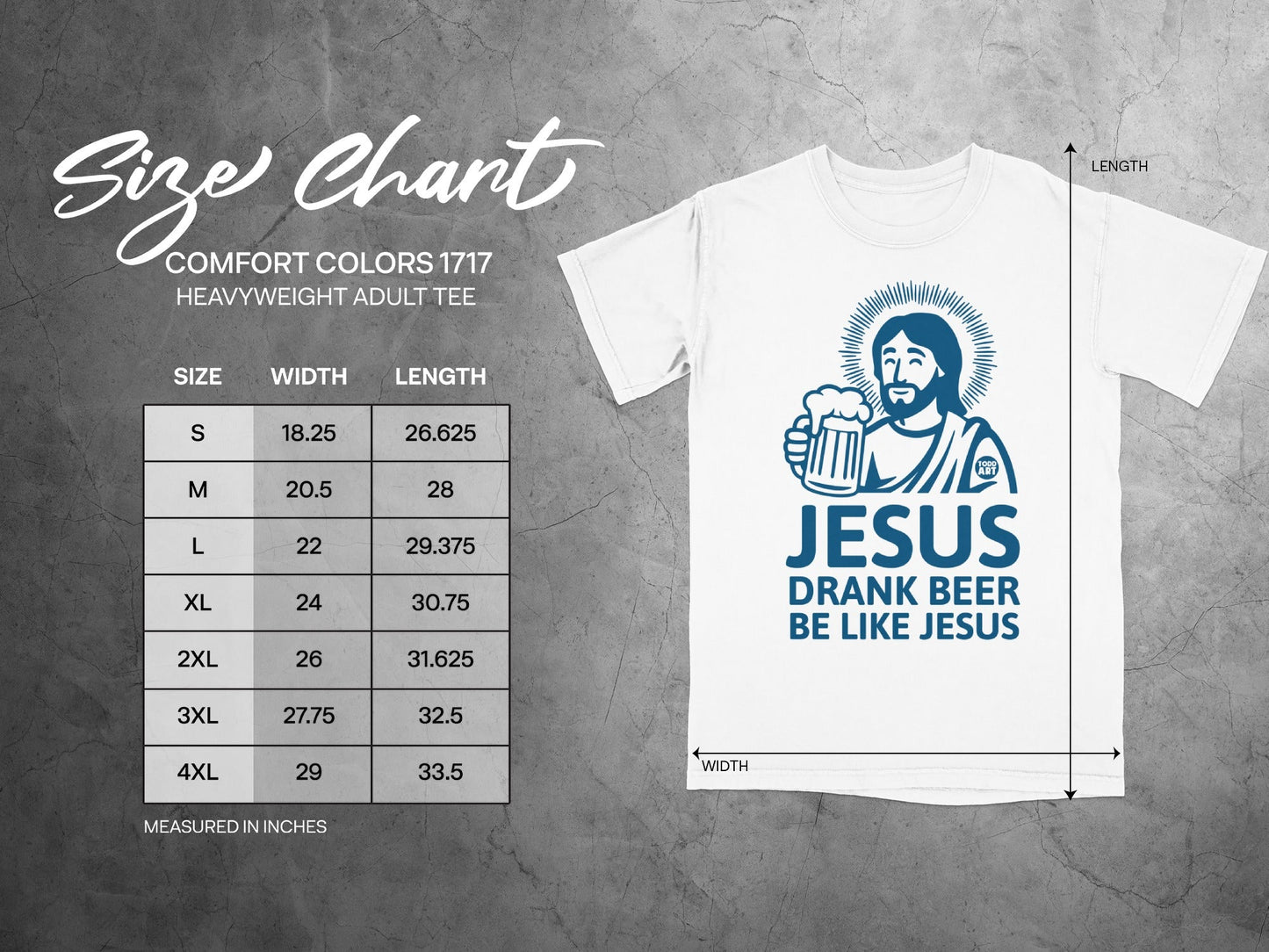 T-shirt size chart for Comfort Colors 1717 heavyweight adult tee.