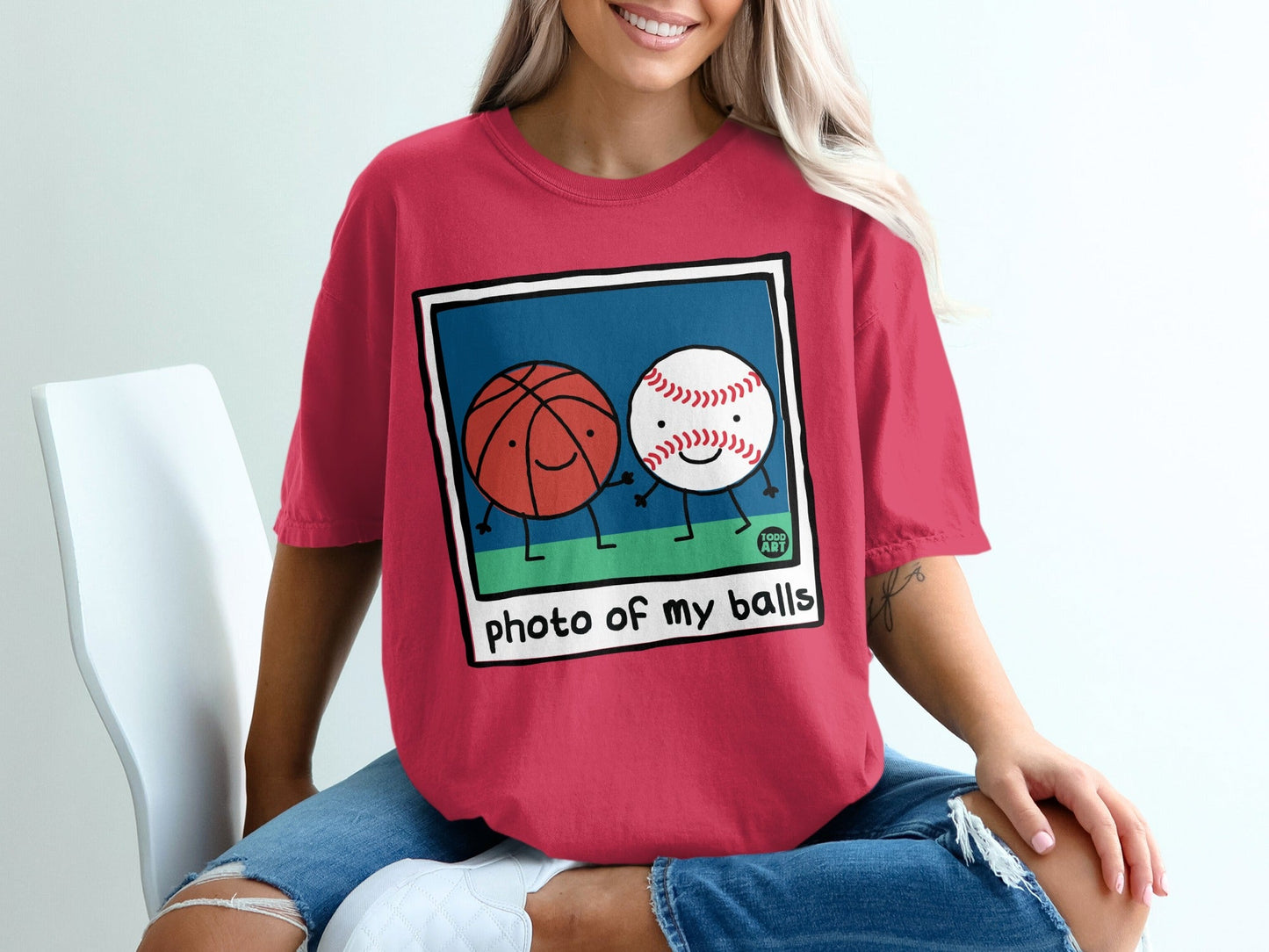 Basketball and baseball characters holding hands, "photo of my balls" text.