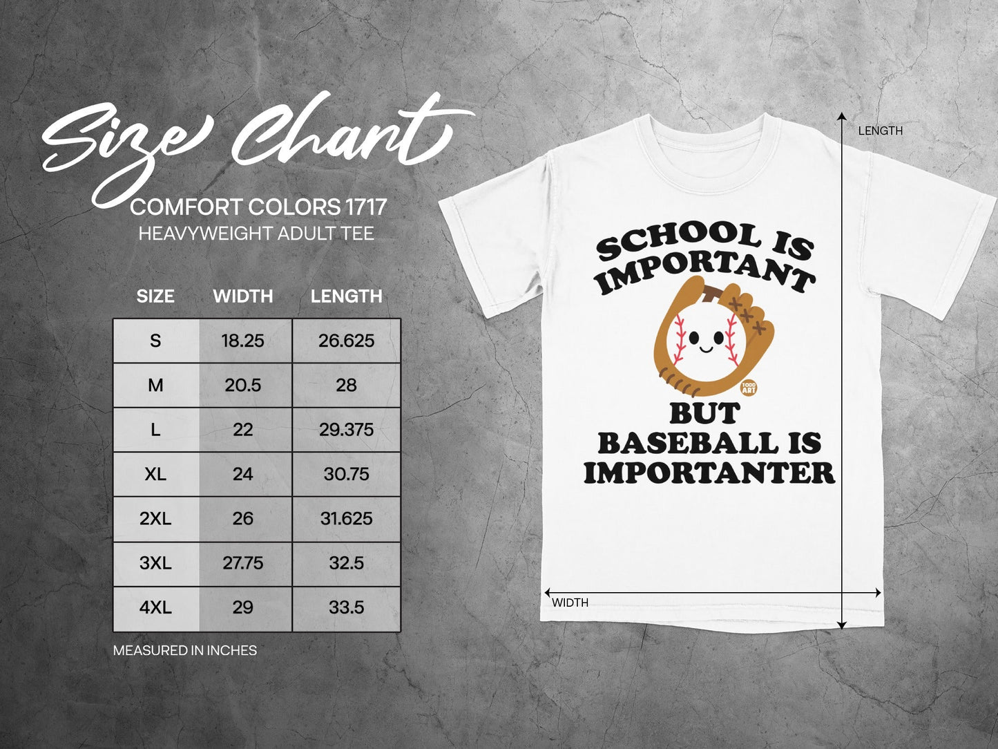 Comfort Colors 1717 size chart for heavyweight adult tee with baseball graphic.