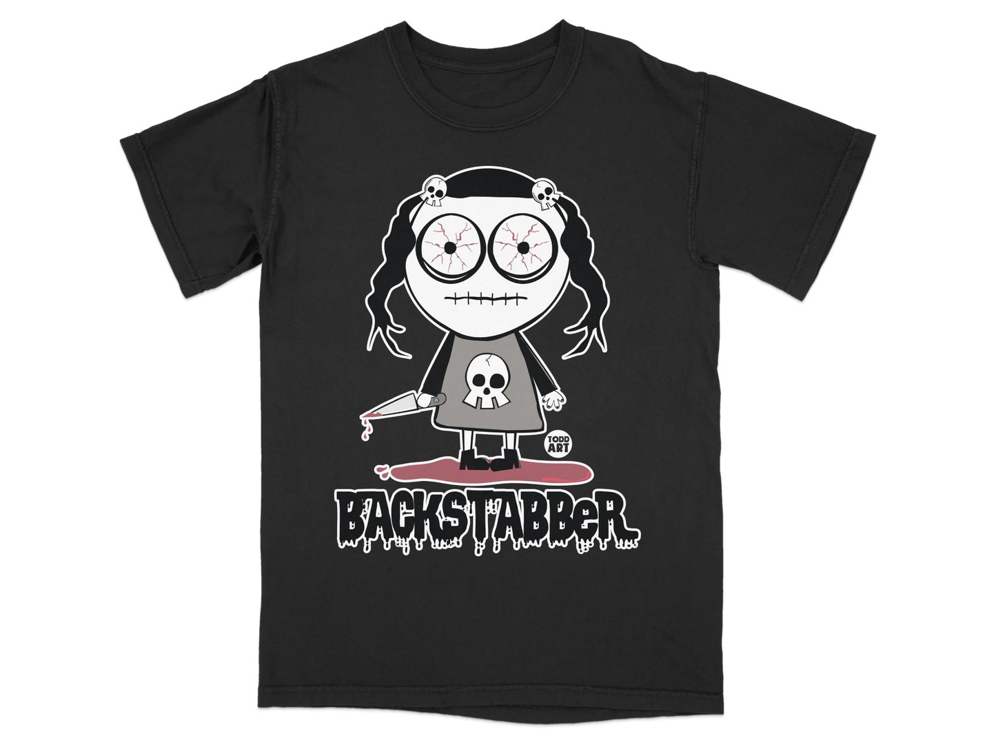 Cute Creepy Character with Backstabber Text T-Shirt