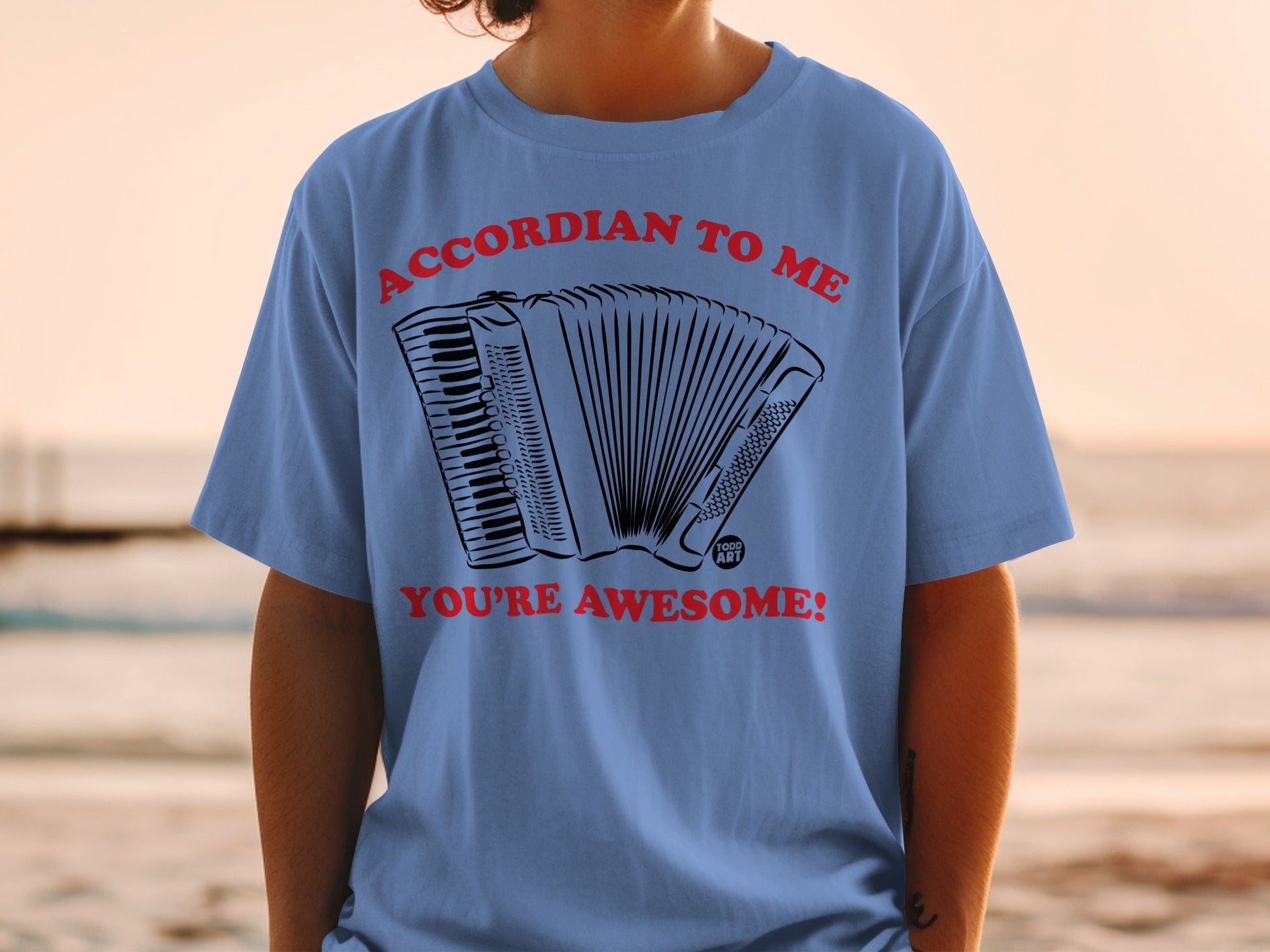 Blue t-shirt with "ACCORDIAN TO ME YOU'RE AWESOME!" and accordion graphic.