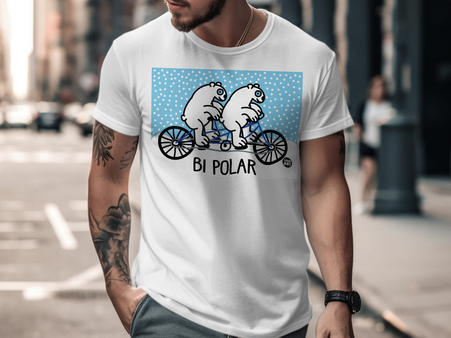 Funny Polar Bears on Bicycle T-shirt with BI POLAR Text