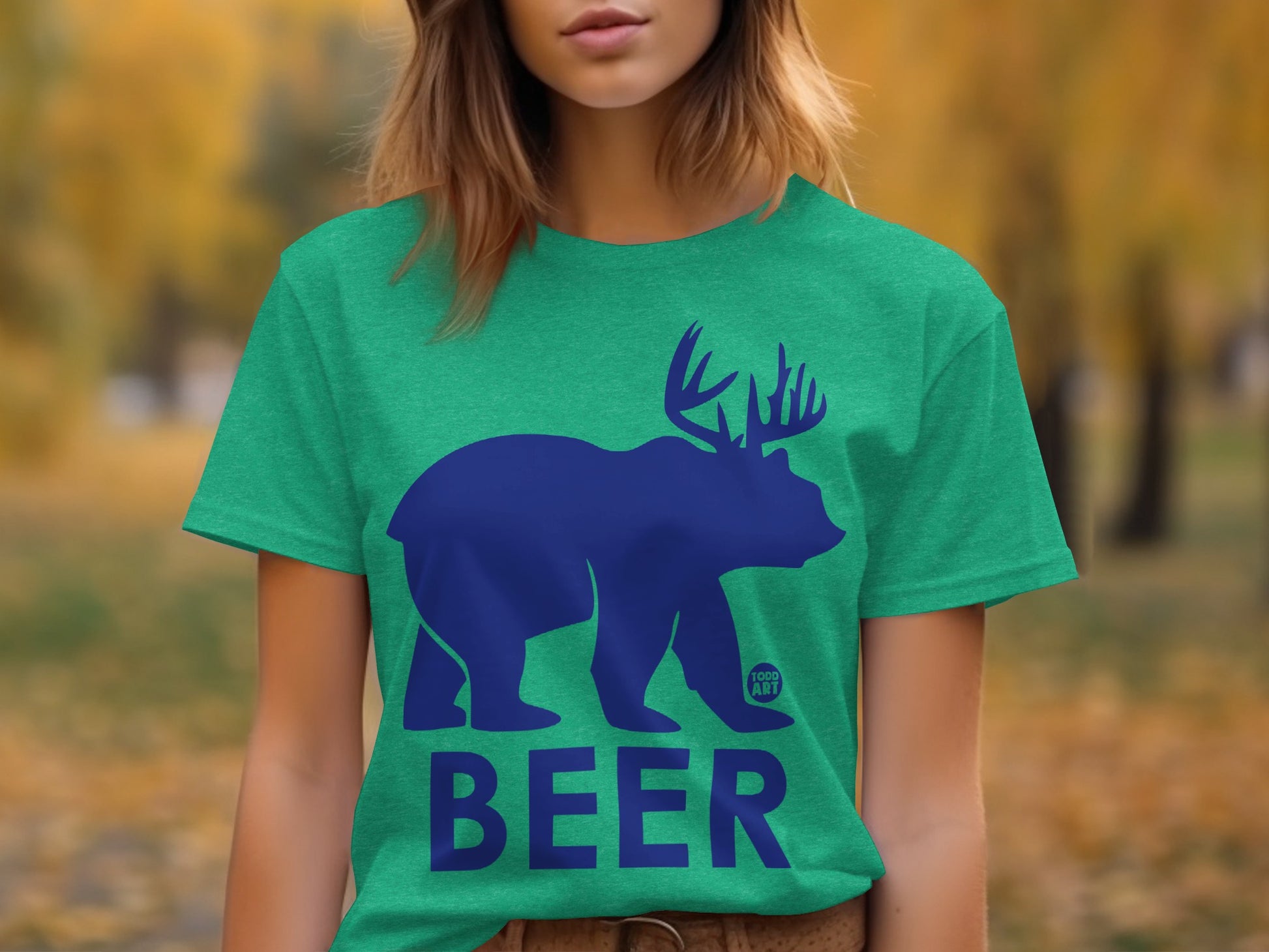 Green T-Shirt with Blue Bear Antler Design BEER