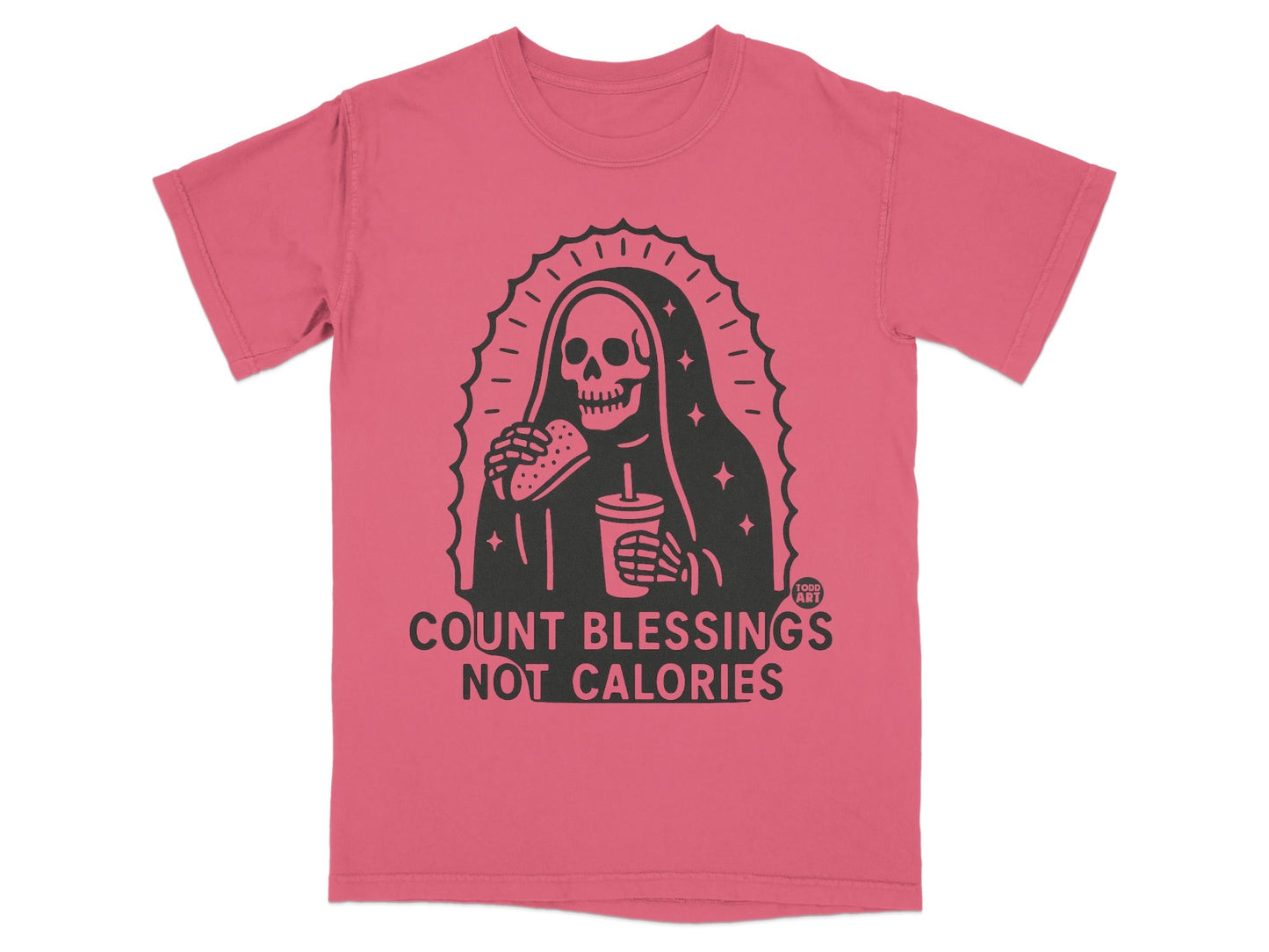 Grim reaper eating burger and drinking from cup, "Count Blessings Not Calories" text.