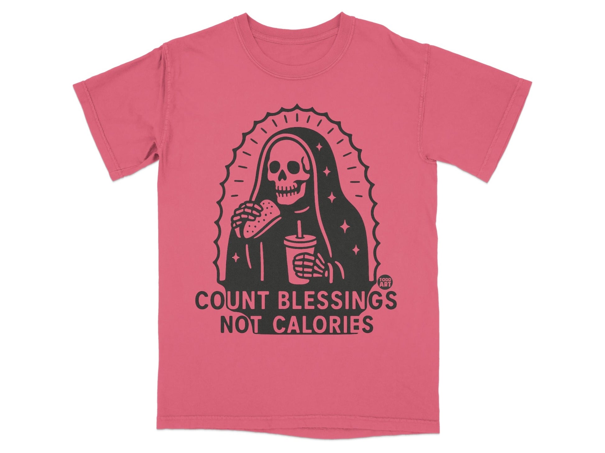 Grim reaper eating burger and drinking from cup, "Count Blessings Not Calories" text.