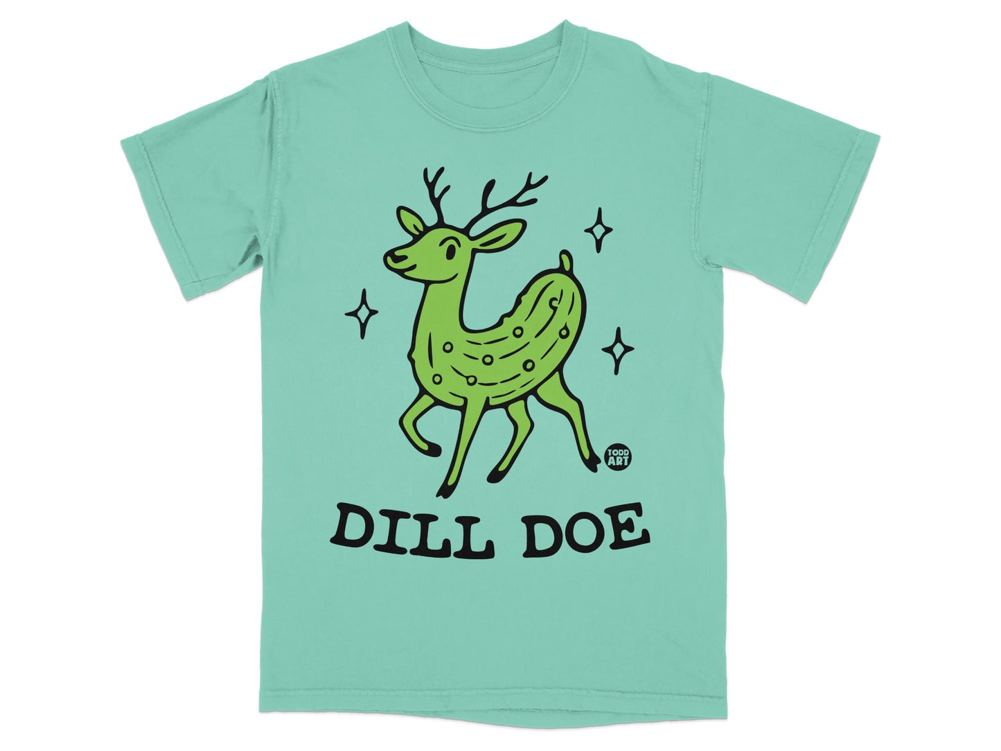 Green t-shirt with cartoon deer illustration and "DILL DOE" text.