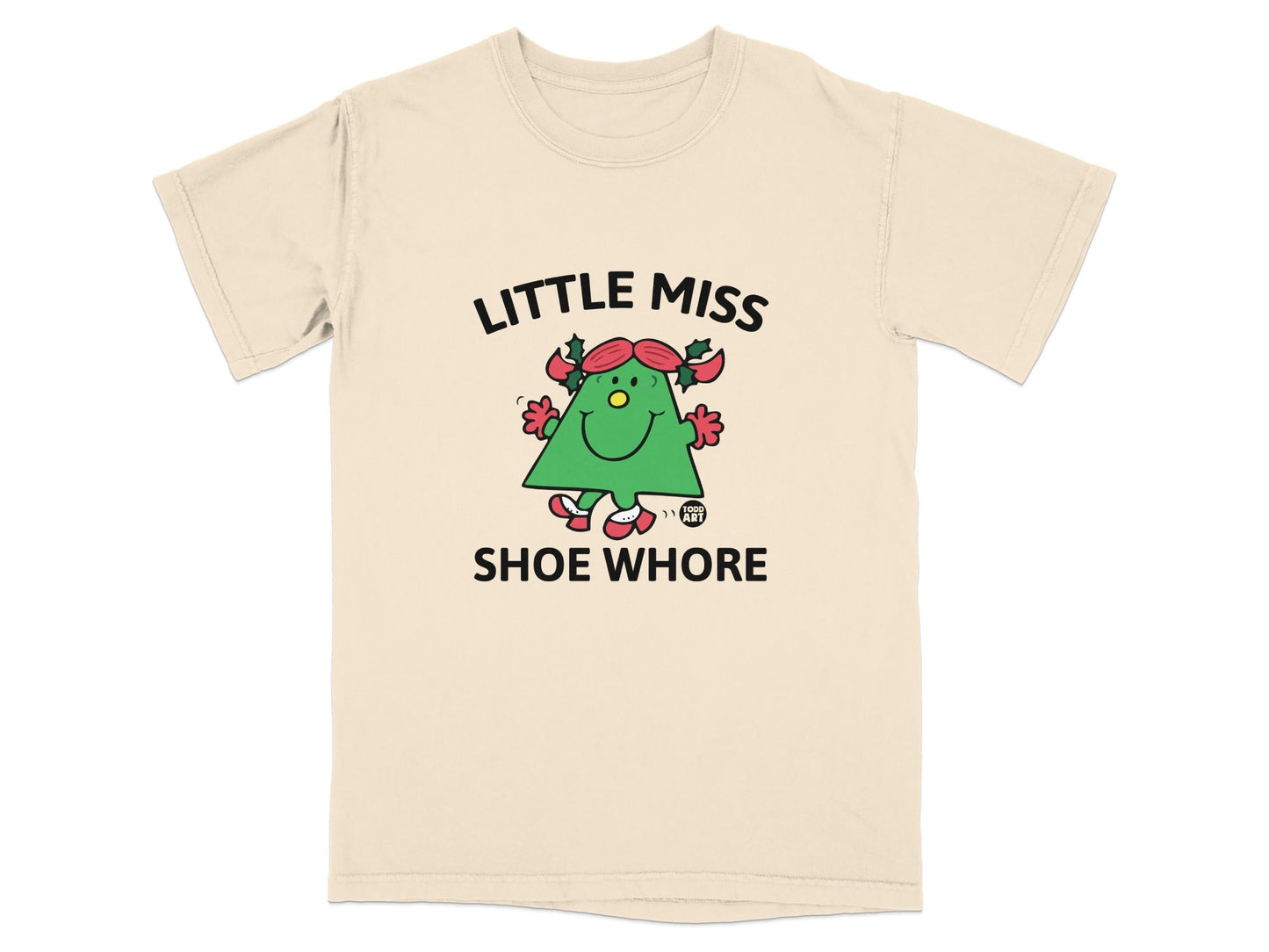 T-shirt with cartoon Christmas tree saying "Little Miss Shoe Whore".