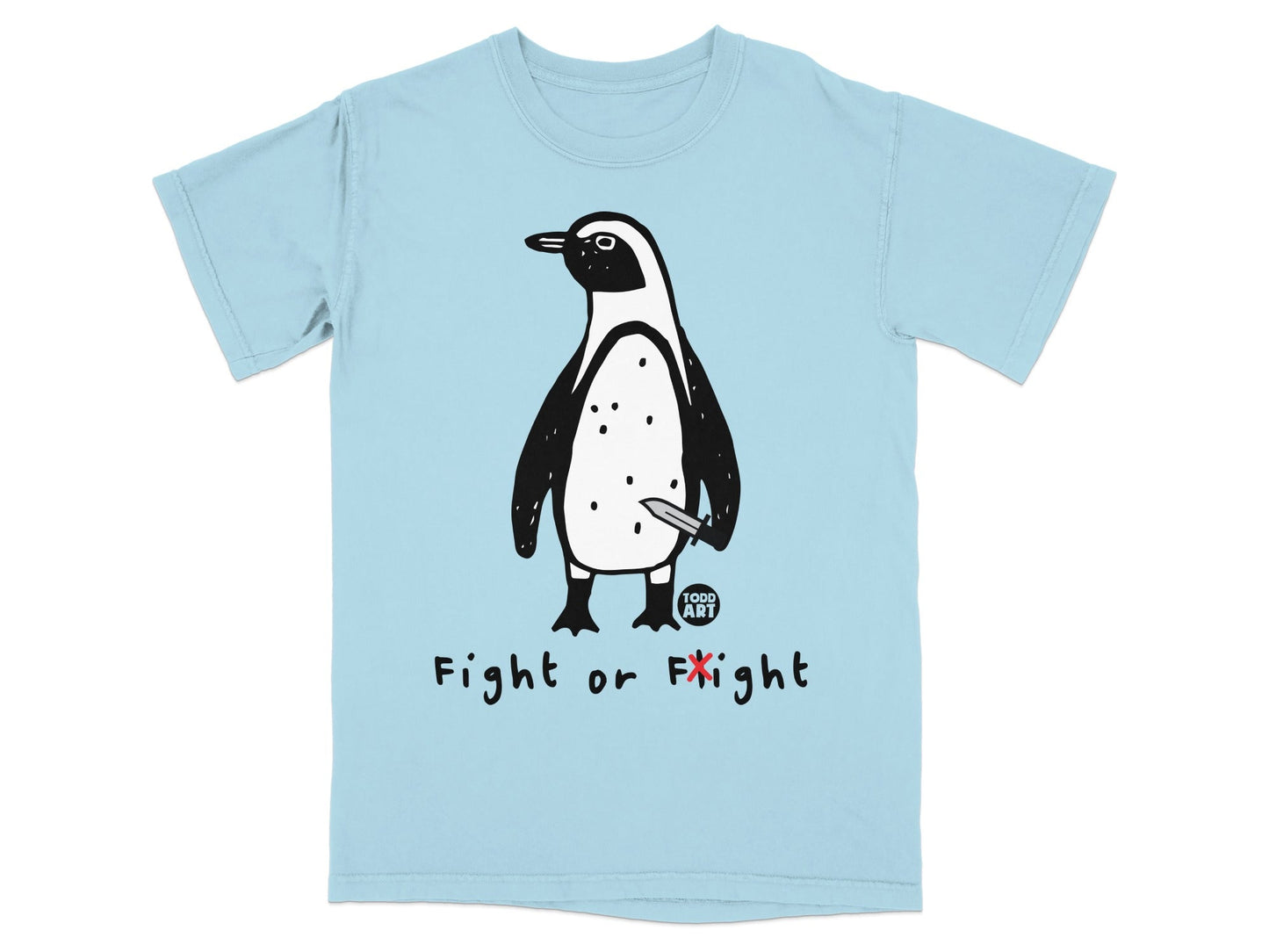 Humorous Penguin T-Shirt, Fight or Flight Pun, Witty Knife Design, Funny Animal Lover Tee, Cute Bird Graphic T-Shirts, Unique Meme Inspired