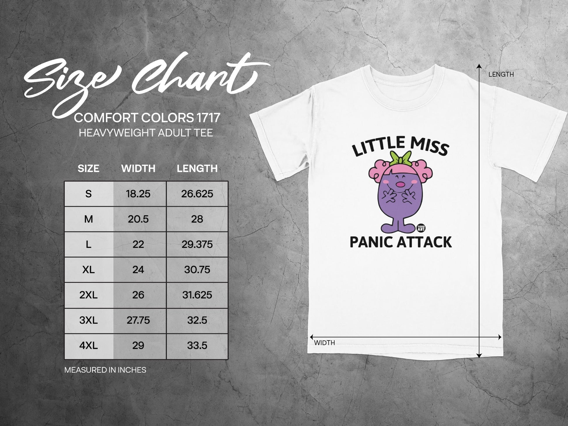 Size chart for Comfort Colors 1717 heavyweight adult tee with width and length measurements.
