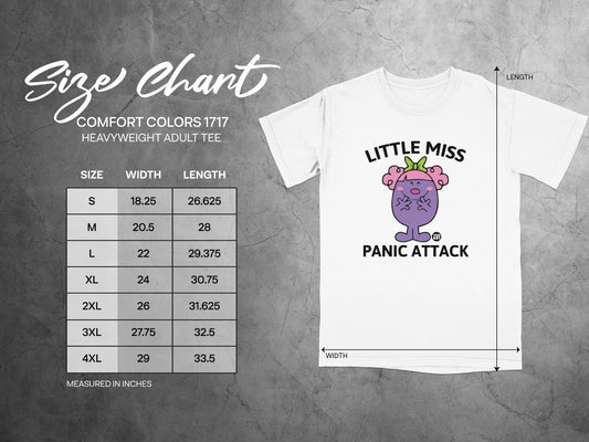 Size chart for Comfort Colors 1717 heavyweight adult tee with width and length measurements.