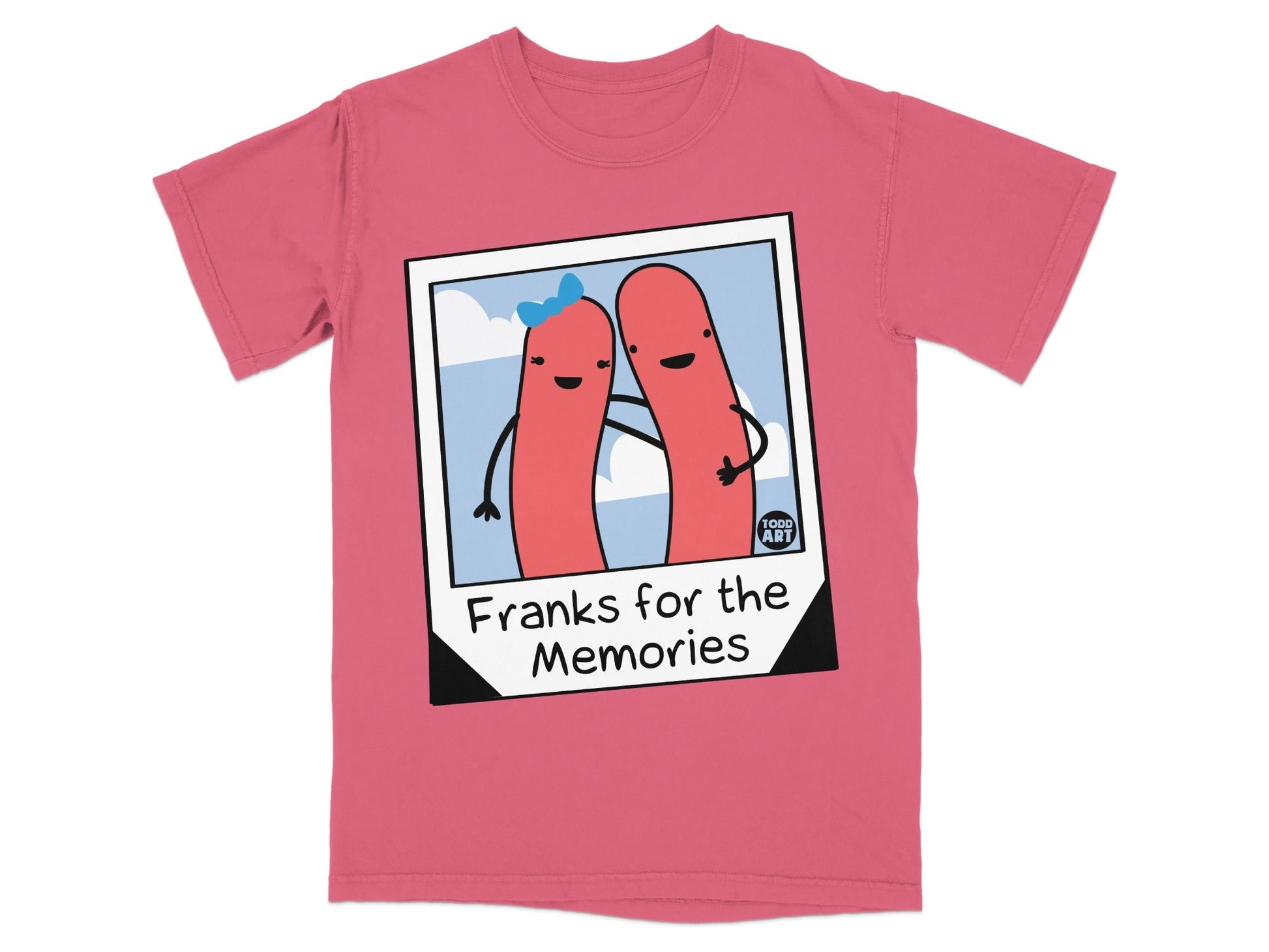 Two hot dogs embracing, in a polaroid frame with "Franks for the Memories" text.