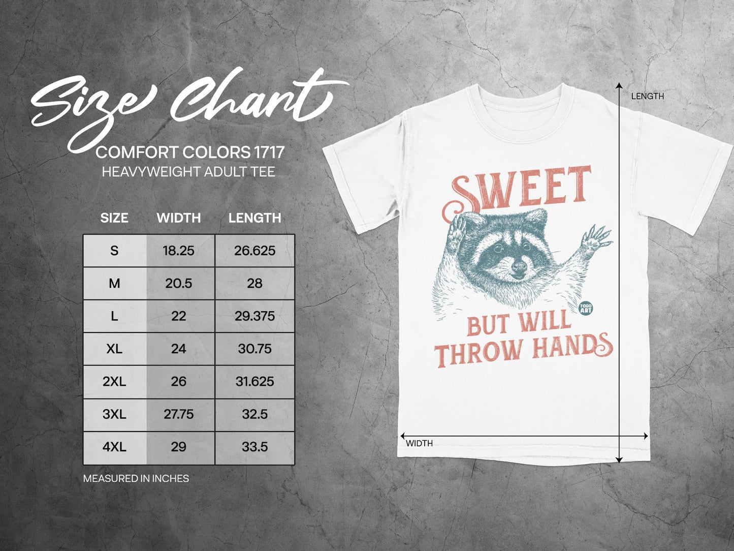 Comfort Colors 1717 t-shirt size chart and graphic with raccoon illustration.