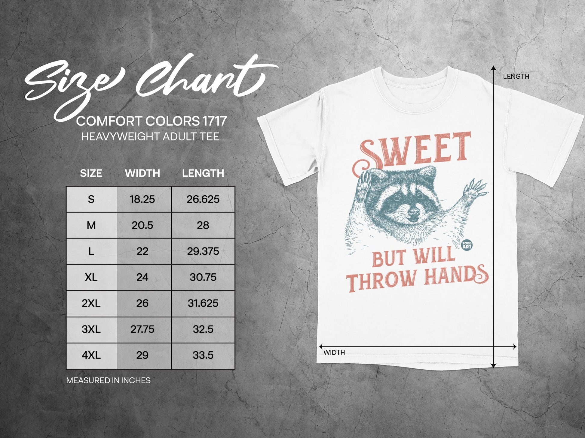 Comfort Colors 1717 t-shirt size chart and graphic with raccoon illustration.