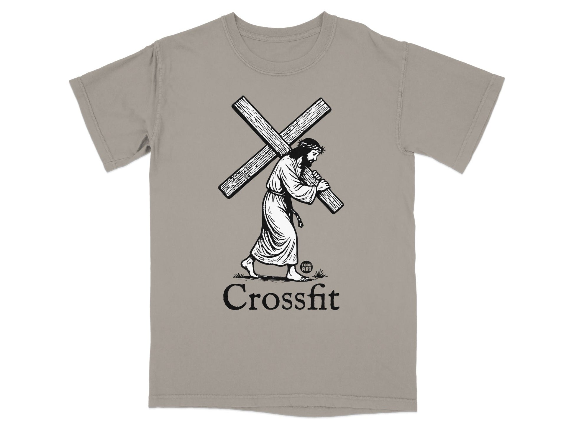 Jesus carrying the cross with "Crossfit" text and a small "God Art" logo.