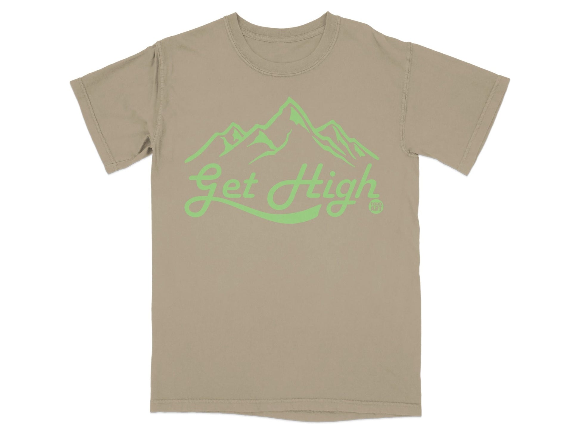 Tan t-shirt with "Get High" text and mountain graphic.