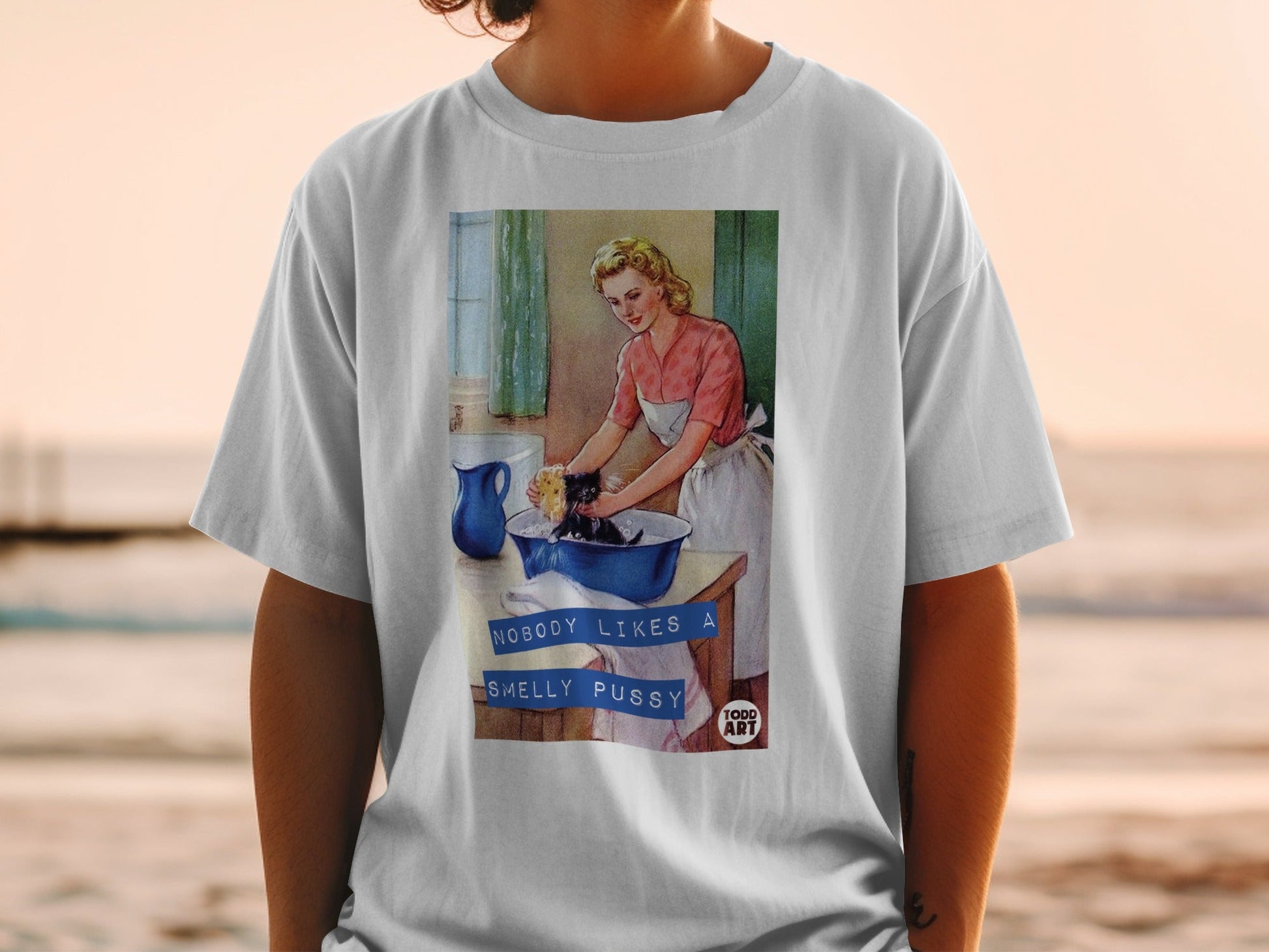 Woman washing a cat with text "NOBODY LIKES A SMELLY PUSSY".