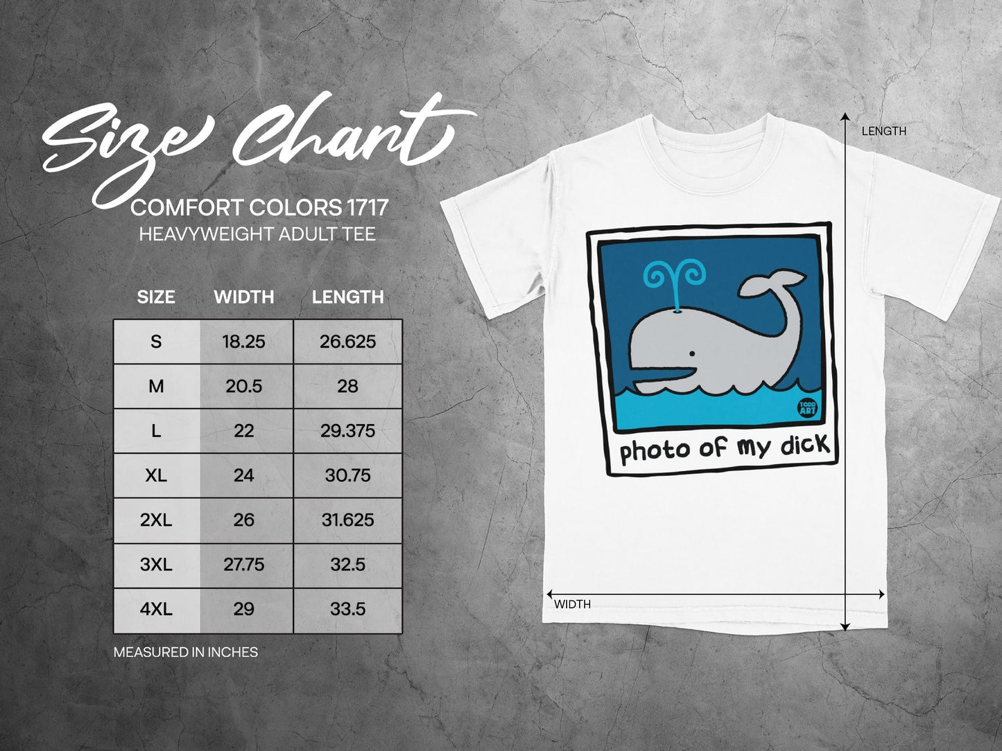 Size chart for a Comfort Colors 1717 heavyweight adult tee.