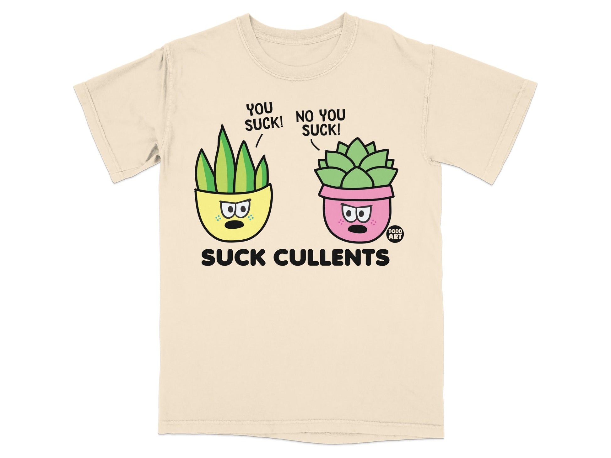 Two potted plants with faces saying "YOU SUCK!" and "NO YOU SUCK!"