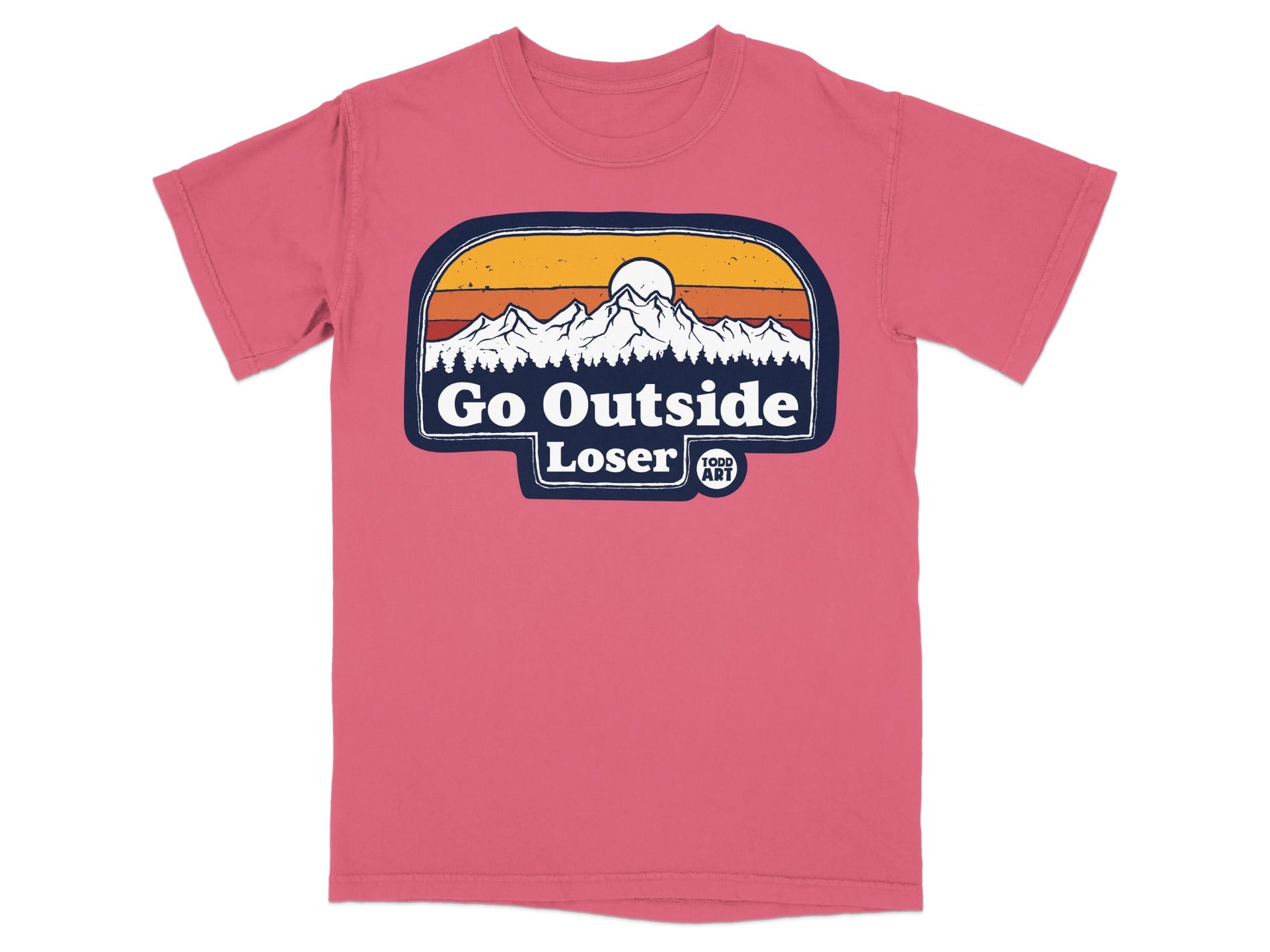 T-shirt with mountains, sun, and "Go Outside Loser" text.