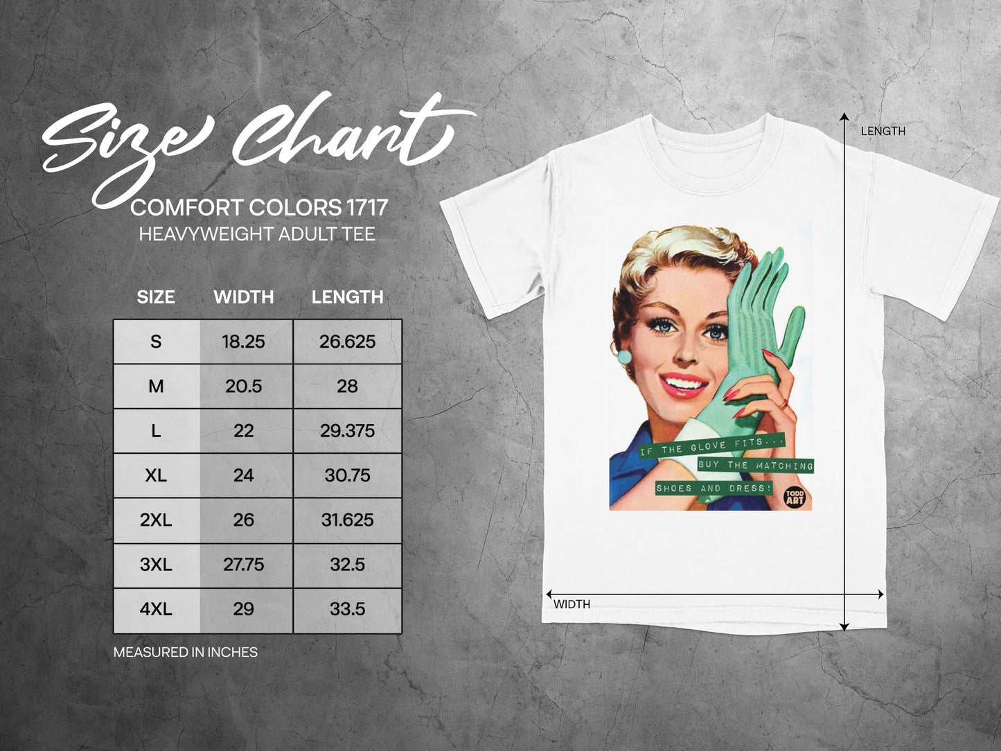 Size chart for Comfort Colors 1717 heavyweight adult tee with vintage woman illustration.