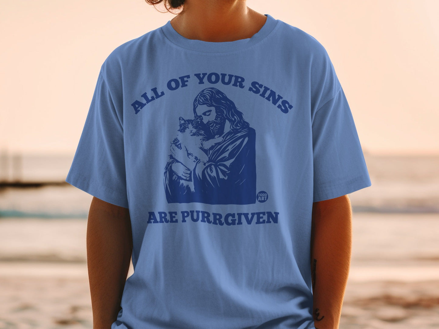 Blue t-shirt with "ALL OF YOUR SINS ARE PURR GIVEN" and Jesus holding a cat.
