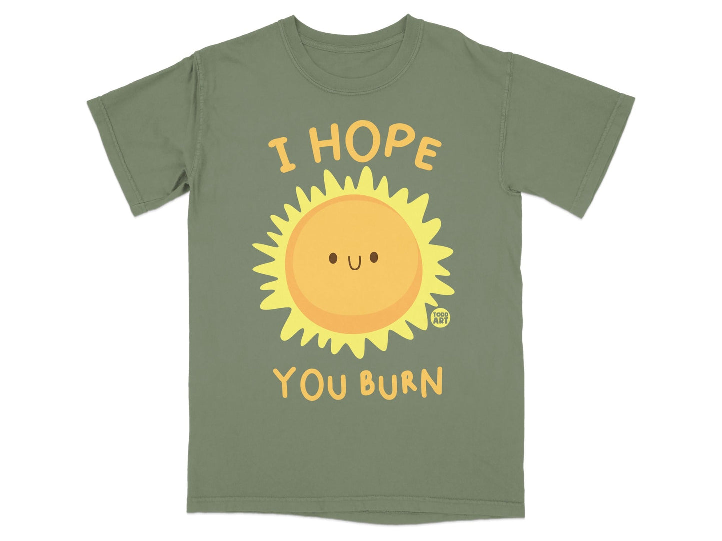 Green t-shirt with cartoon sun graphic and text "I HOPE YOU BURN".