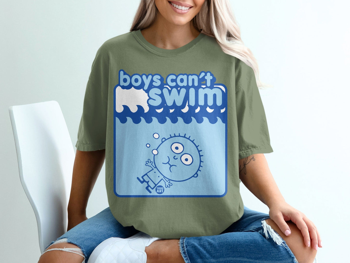 Boys Can't Swim Funny Cartoon Graphic T-Shirt