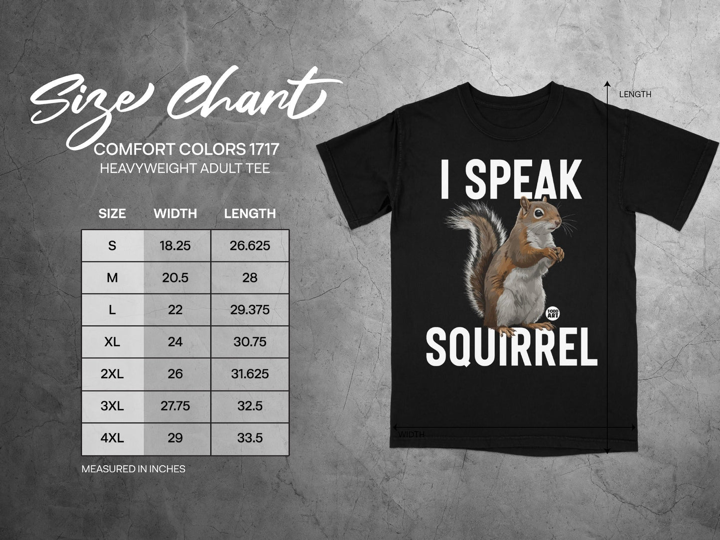 Comfort Colors 1717 heavyweight adult tee size chart with squirrel graphic.