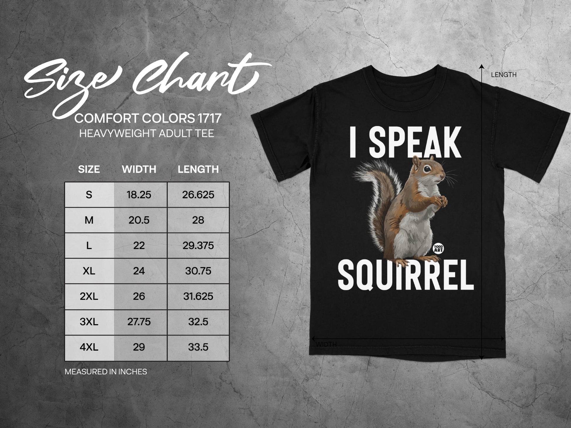 Comfort Colors 1717 heavyweight adult tee size chart with squirrel graphic.