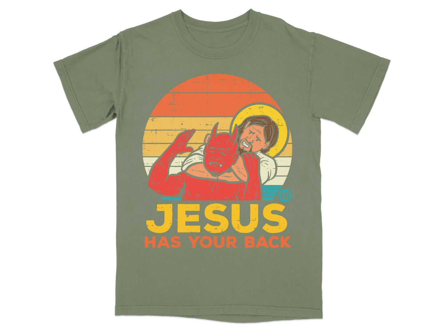Red devil leaning on Jesus figure against a sunset background with text.