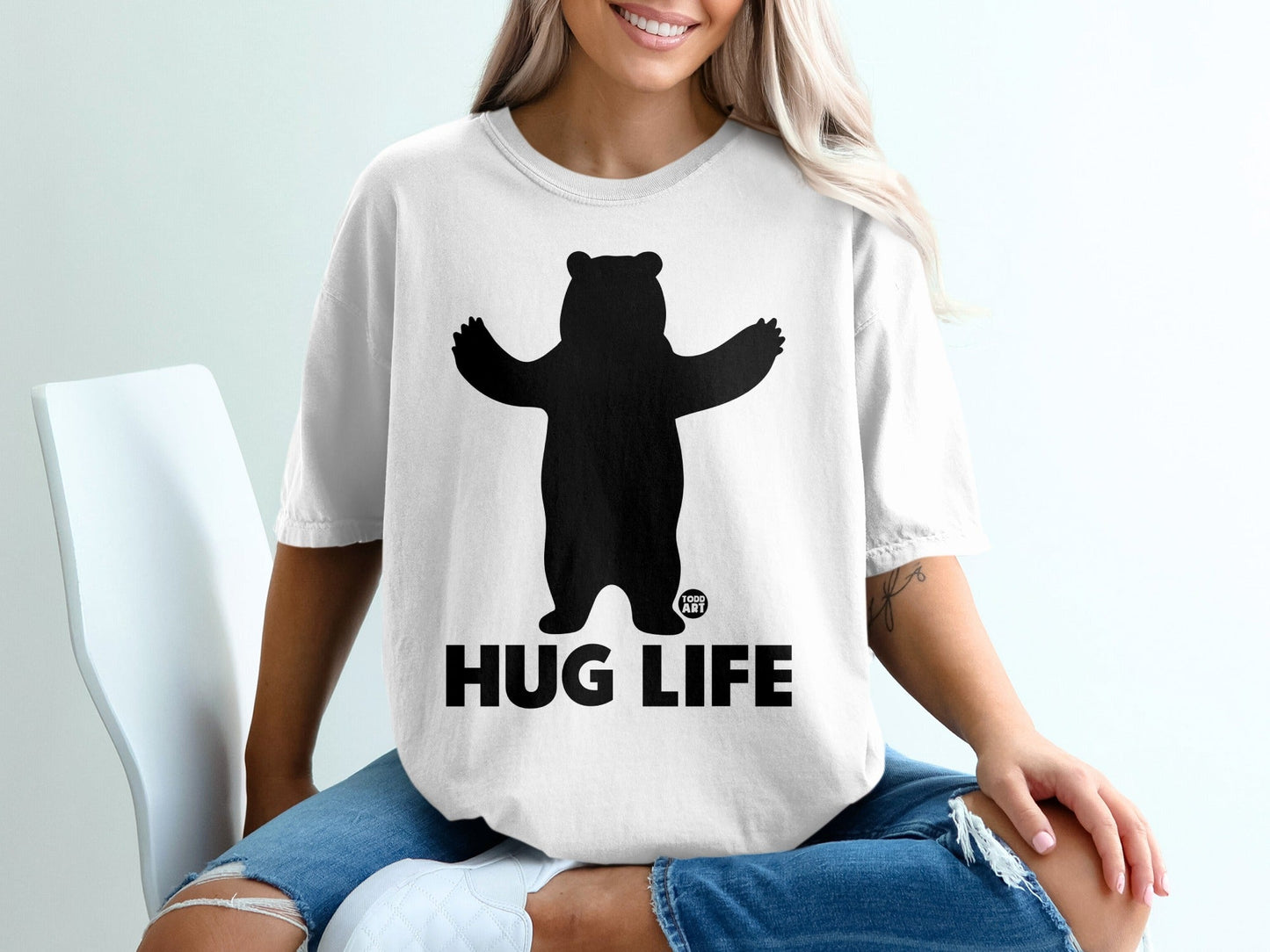 Hug Life Funny Bear Graphic White T-Shirt