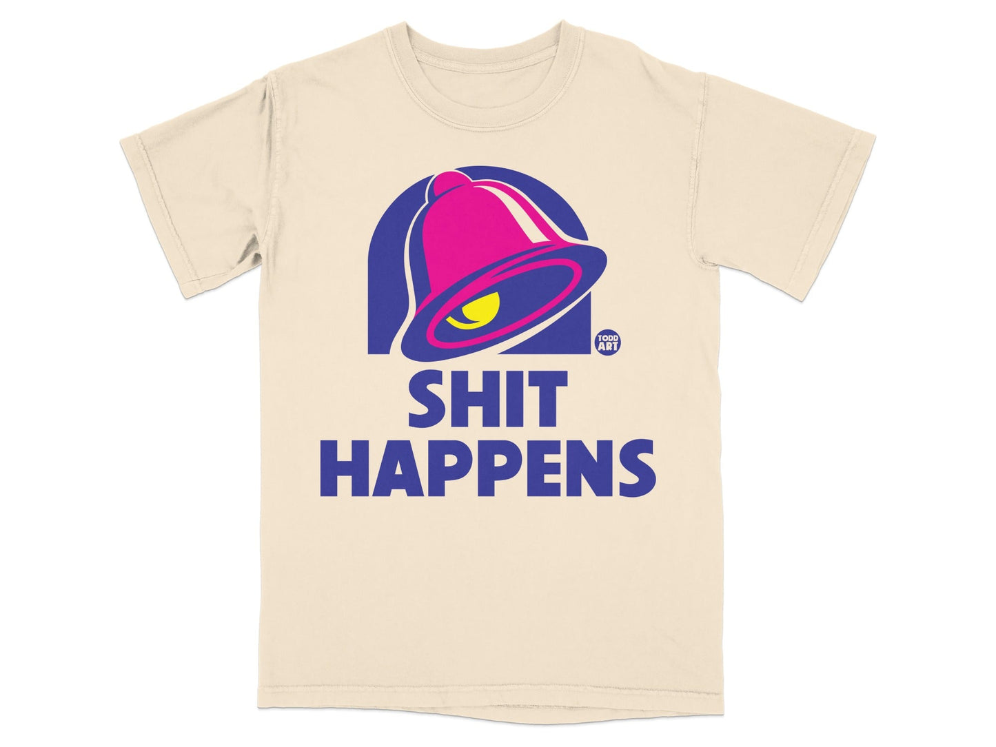 Cream t-shirt with pink and yellow bell logo and "SHIT HAPPENS" text.