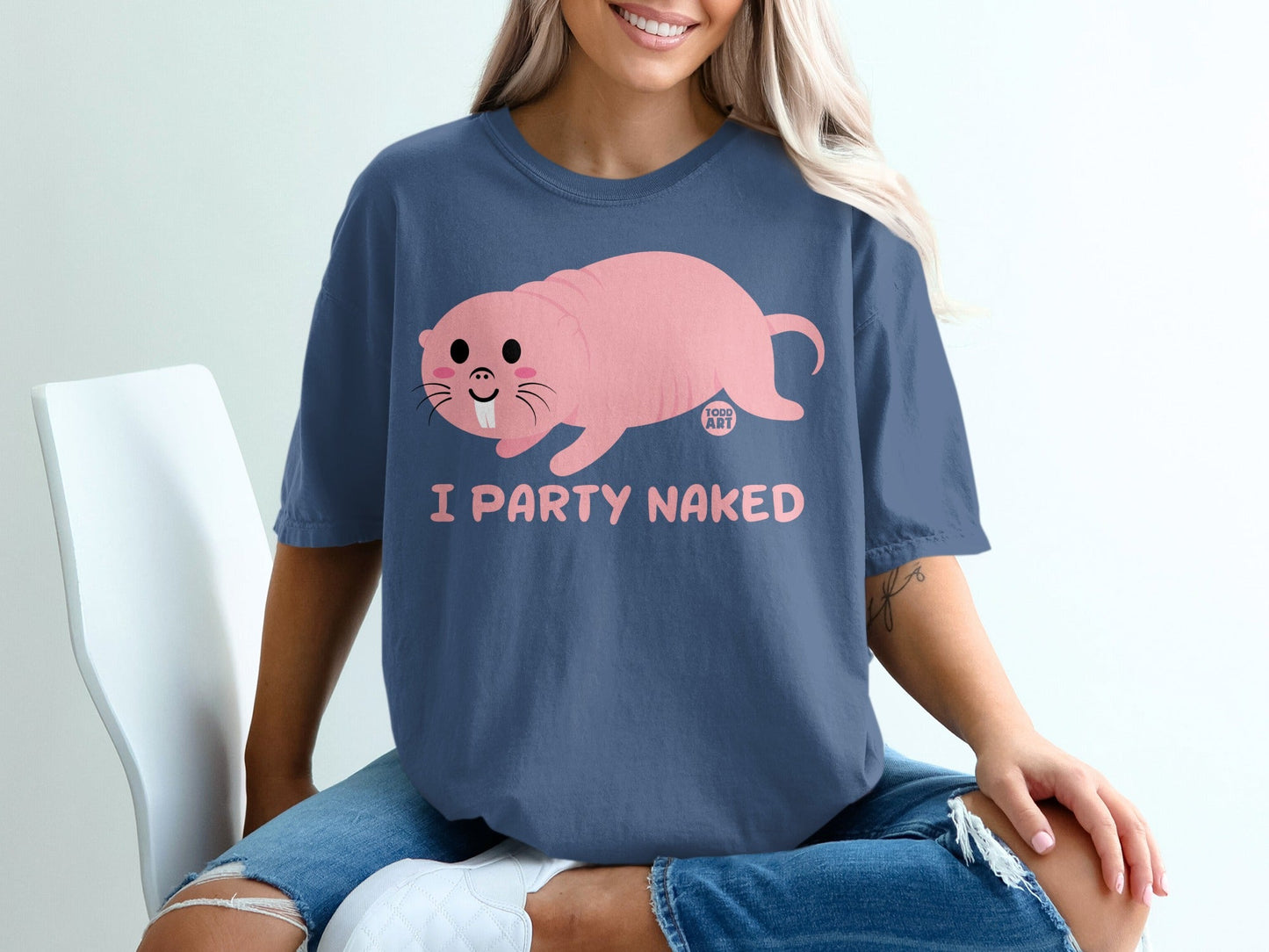 I Party Naked Cute Pink Rat Fun Graphic Tee