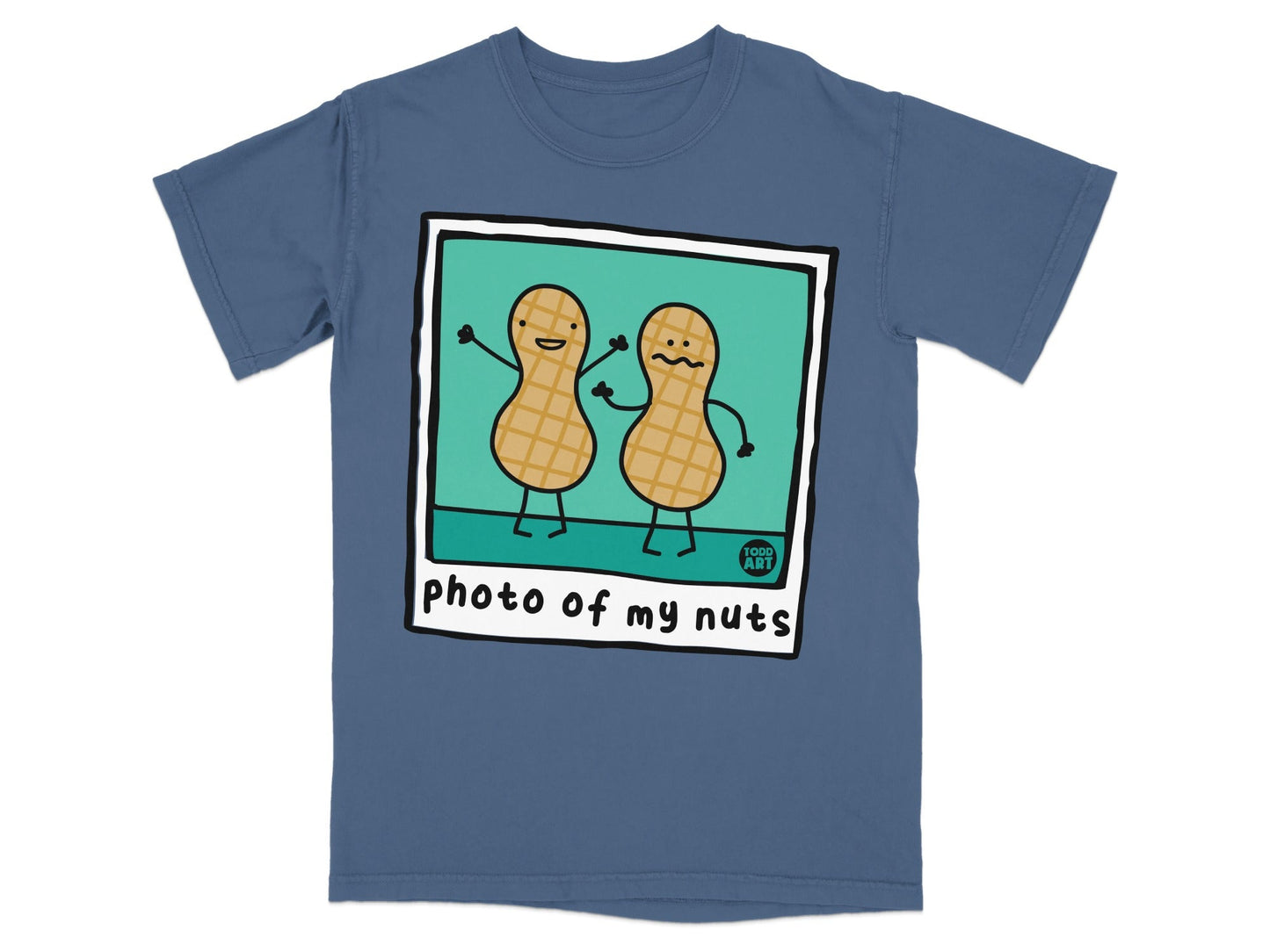 Two cartoon peanuts with surprised expressions on a blue t-shirt.
