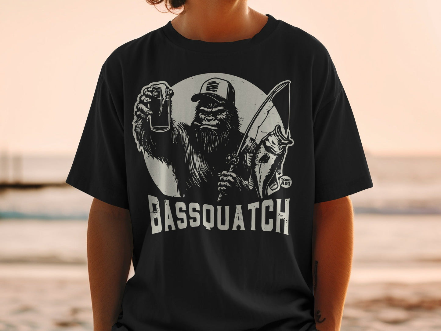 Bassquatch Fishing Themed Graphic T-Shirt