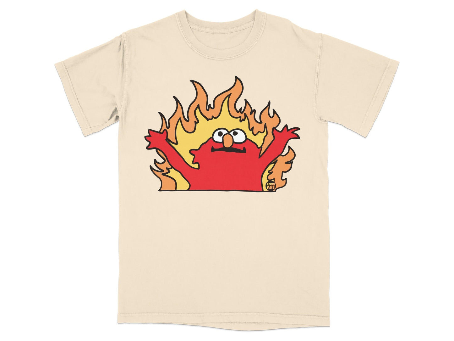 Elmo on fire with arms raised, surrounded by flames.