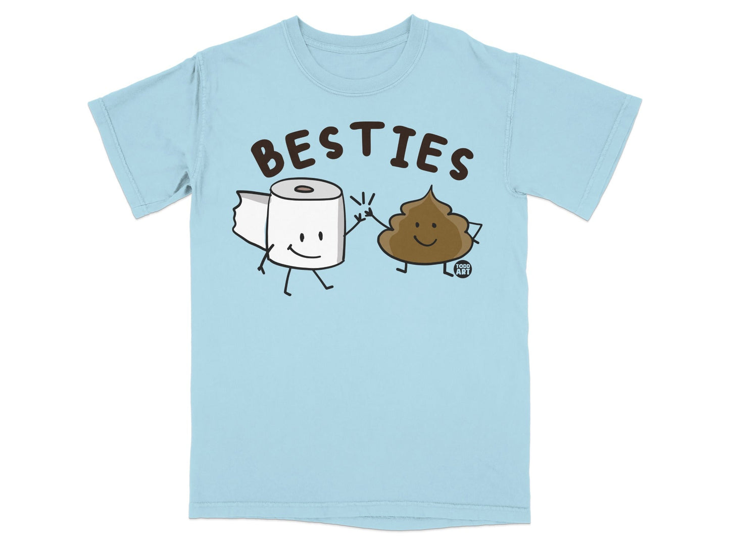 T-shirt with cartoon toilet paper and poop characters giving a high five, text "BESTIES" above.