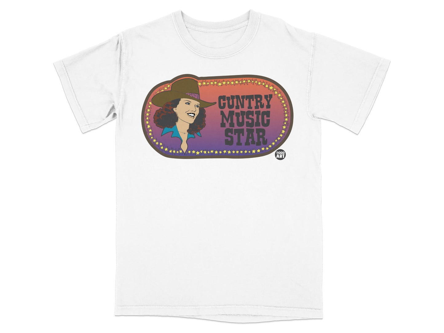 White t-shirt with "Guntry Music Star" text and a vintage woman illustration.