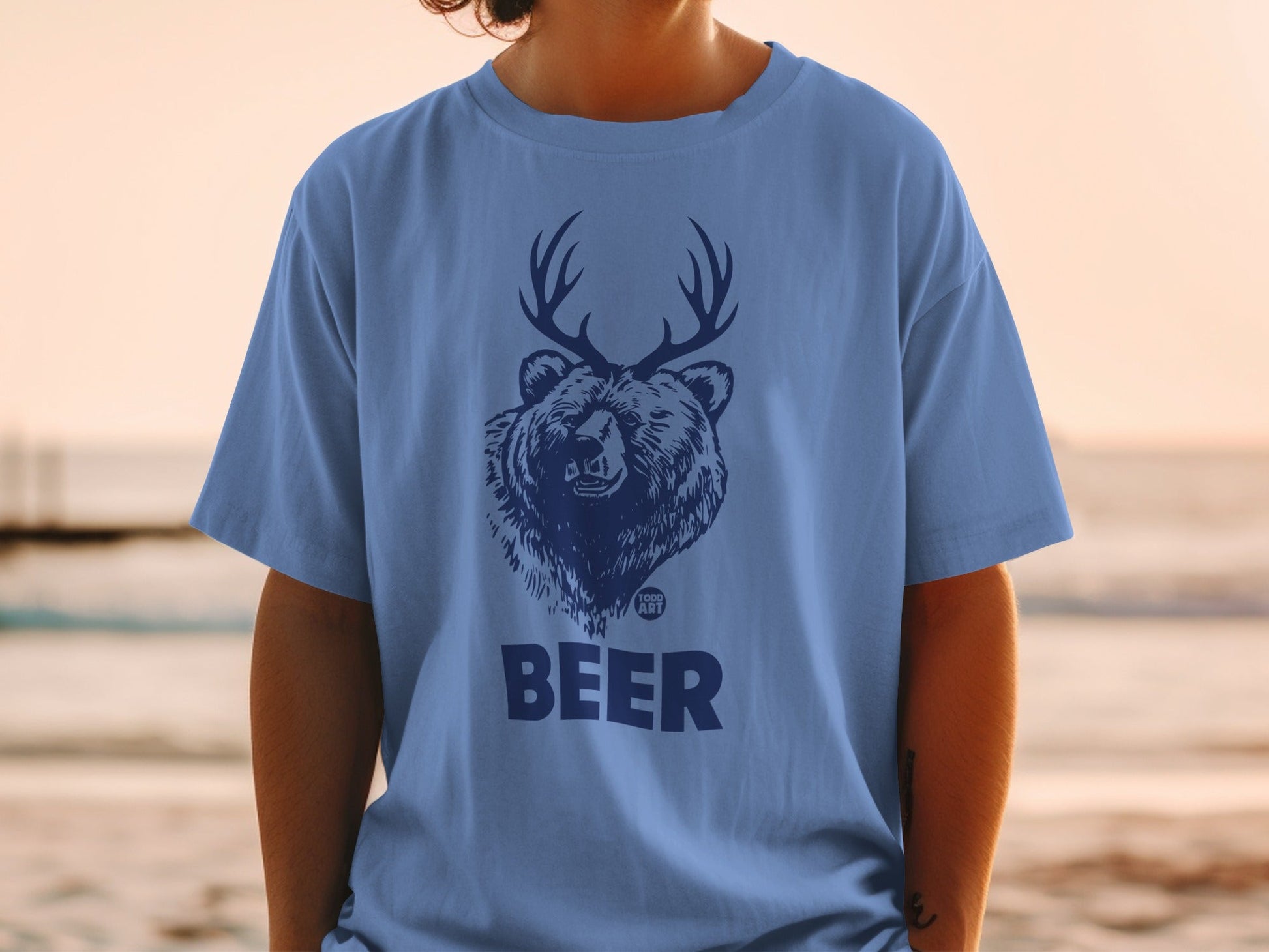 Blue T-Shirt with Bear and Antlers Design for Beer Fans