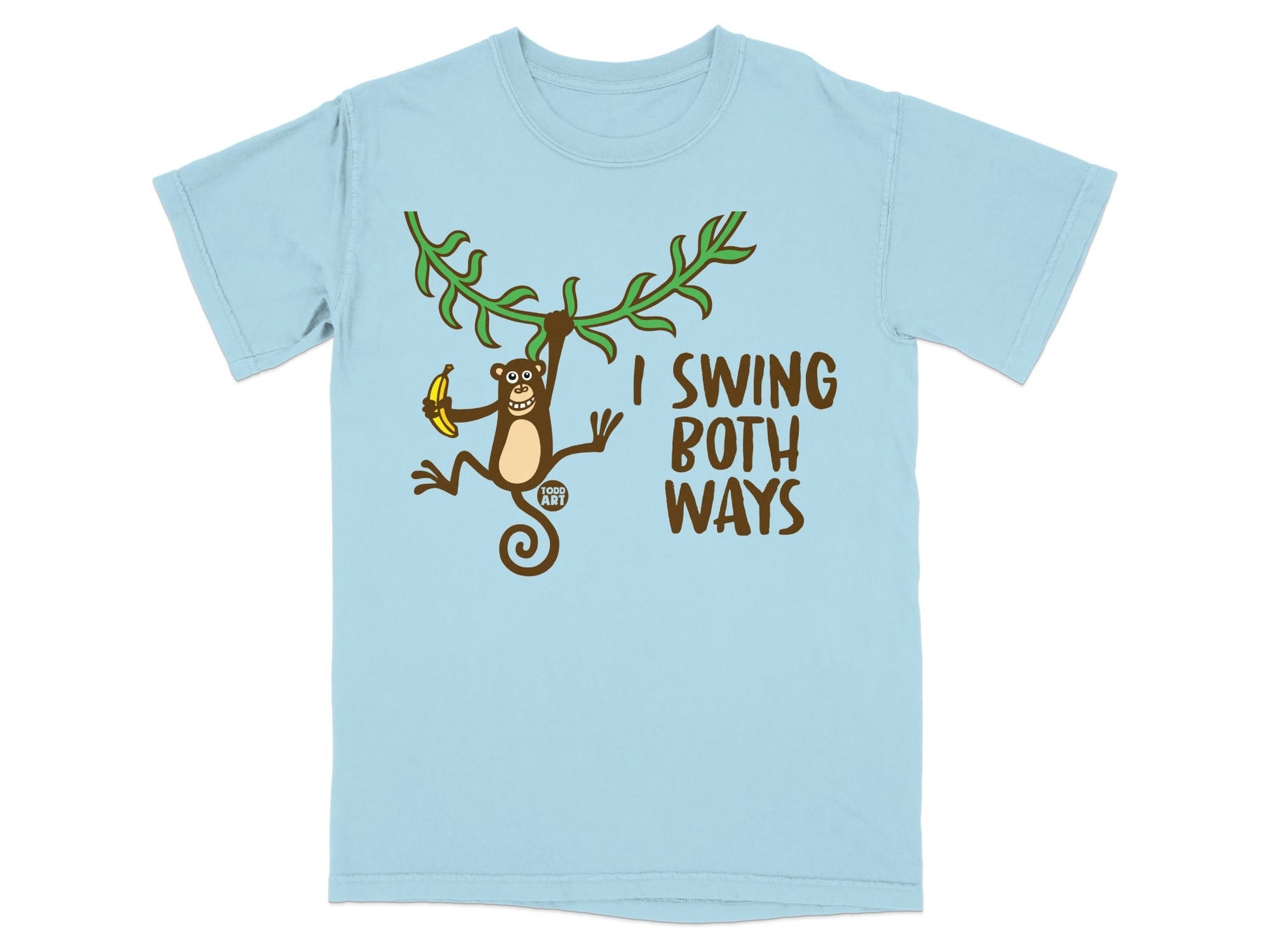 Light blue t-shirt with monkey swinging and text "I SWING BOTH WAYS".
